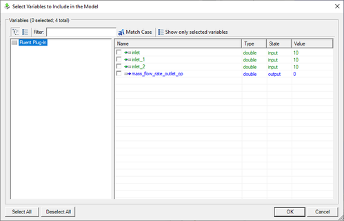 The Select Variables to include in the Model dialog shows all input and output variables loaded from the Fluent case file.