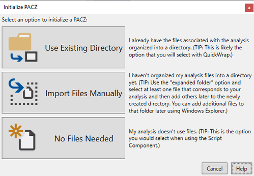 The Initialize PACZ dialog lets you choose how to set up the files and folders for your workflow.