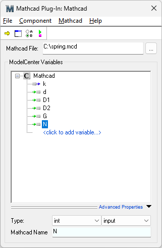 The Mathcad Plug-In (Legacy)  showing its exposed variables.