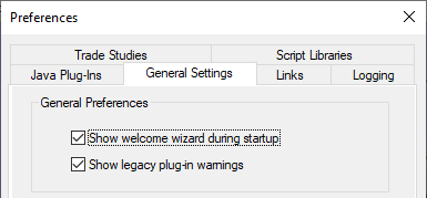 The ModelCenter General Settings preferences controls whether the Legacy Plug-In Warning dialog displays.