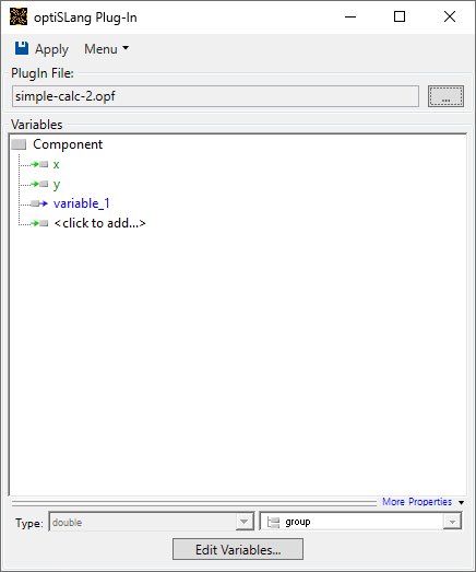 The optiSLang Plug-In showing the selected variables.