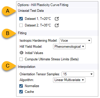 Hill Plasticity Curve Fitting options