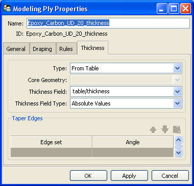 Thickness Definition Through Tabular Values