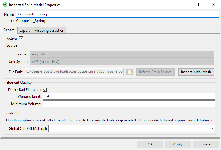 Imported Solid Model Properties Dialog