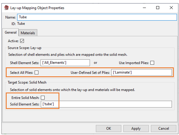 Figure: Lay-up Mapping Definition of the Mesh Component Tube