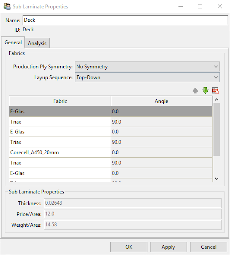 Sub Laminate Properties - General Tab