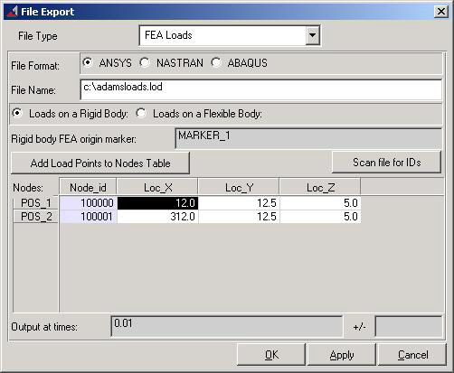 Adams Export FEA Loads Dialog Box