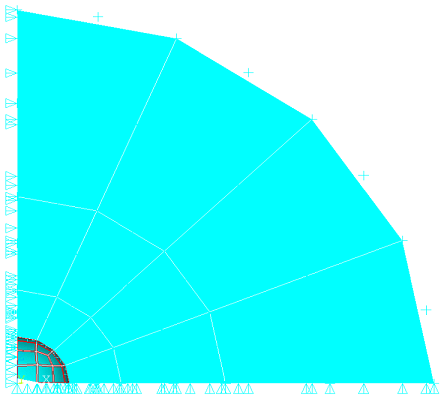 Finite/Infinite Element Mesh of a Pressurized Spherical Cavity in an Infinite Medium (SOLID186 and INFIN257)