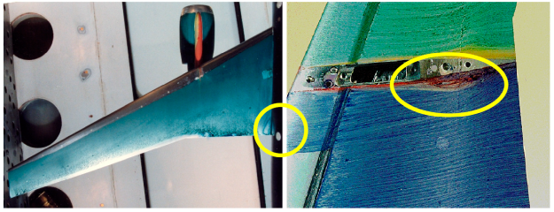 Separation zone at the upper wing-fuselage junction (left) and lower wing surface behind the engine (right). Top - oil film visualization in the experiment.