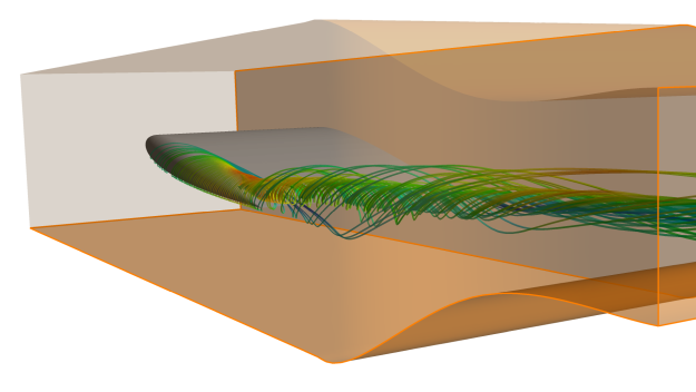 NACA-0012 wing setup in a wind tunnel showing wing tip vortices as visualized by streamlines.