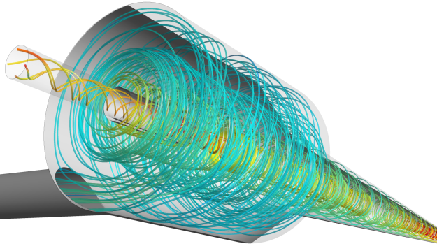 Flow structure in the hydro-cyclone visualized by the streamlines.