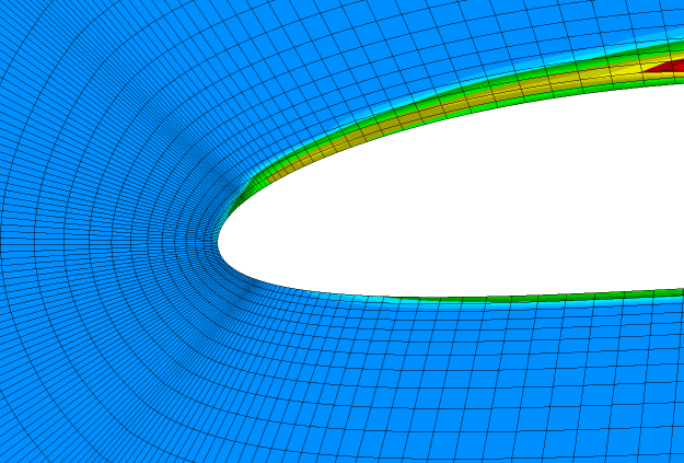 The boundary layers thickness visualized by eddy-viscosity ratio field for different meshes around NACA-4412 airfoil. Blue color shows the area of the inviscid flow.