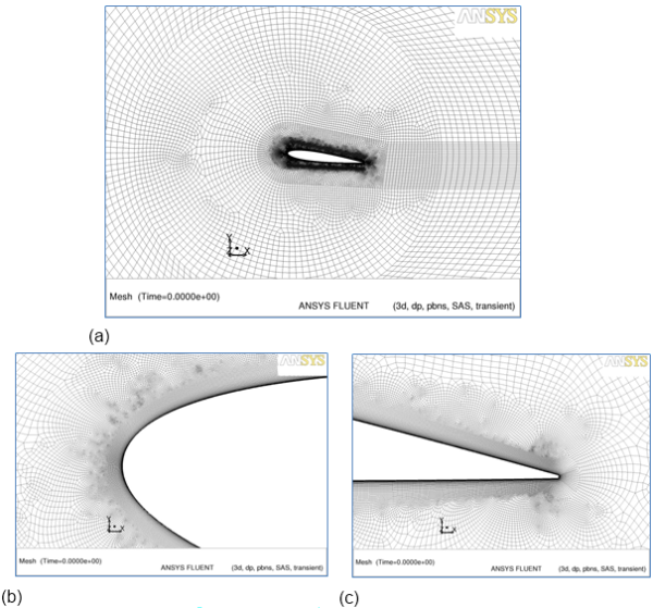 Details of grid around a NACA 0012 airfoil (a) Grid topology (b) Leading edge area (c) Trailing edge area