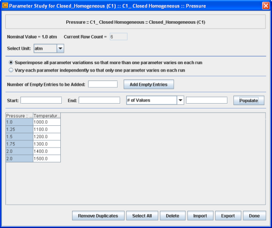 closed_homogeneous__transient.ckprj - Parameter Study Dialog for Pressure