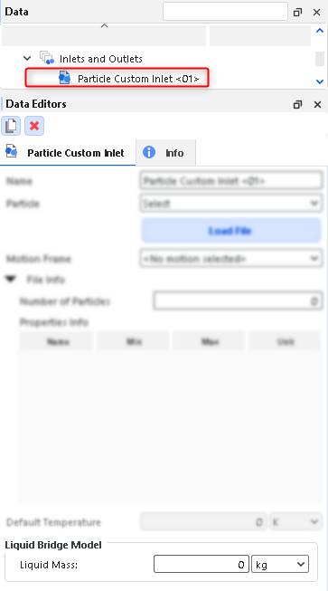 Options for a Particle Custom Inlet.