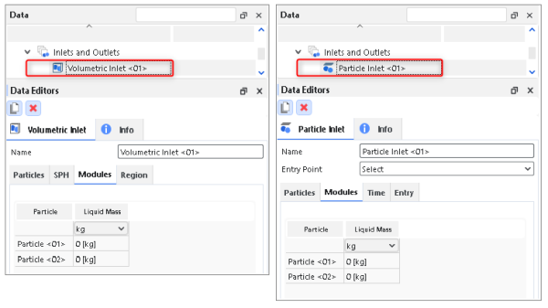 Options for a Volumetric Inlet (left) and a Particle Inlet (right).