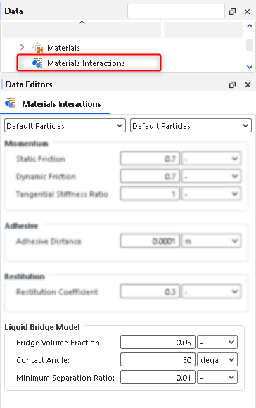Liquid Bridge Model Materials Interactions options.