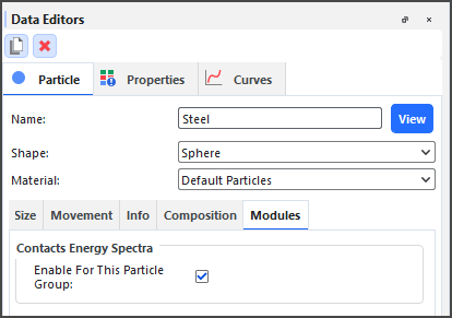 Additional module options for Particle groups when the Contacts Energy Spectra module is enabled