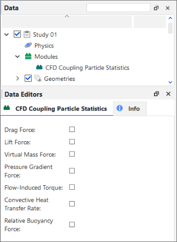 Options in the Data Editors panel when the CFD Coupling Particle Statistics Module is enabled