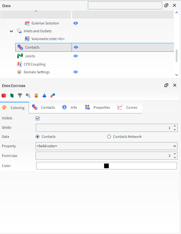 Contacts parameters on the Data Editors panel (Coloring - Contacts)
