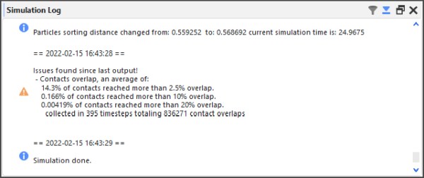 Simulation Log panel showing some warnings and information that was logged during processing