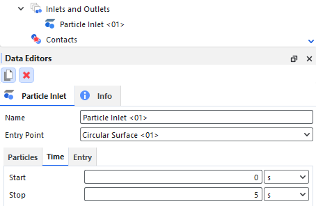 Particle Inlet, Time sub-tab, Data Editors panel