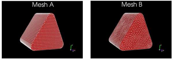 Mesh A is treated by Rocky as a convex shape; Mesh B is treated as a concave shape