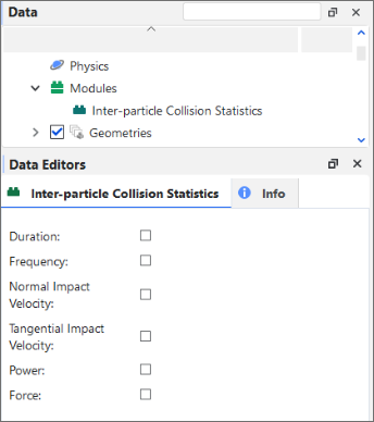Options in the Data Editors panel when the Inter-particle Collision Statistics Module is enabled