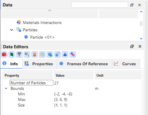 Data Editors panel for the Particles entity