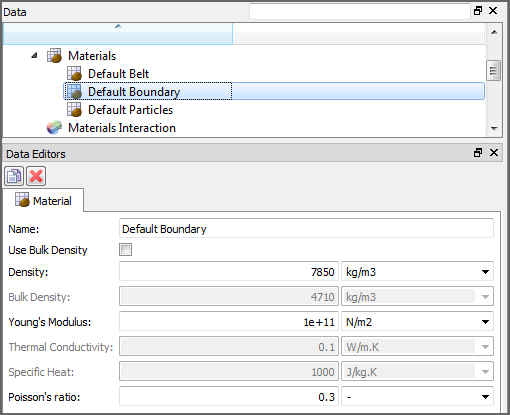 Default Material parameters in the Data Editors panel