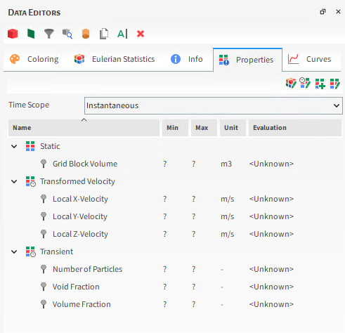 Eulerian Statistics (applied to a Cube), Properties options in the Data Editors panel