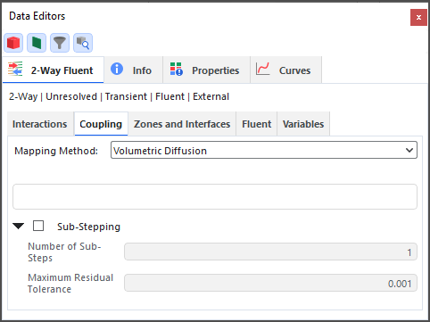 CFD Coupling, 2-Way Fluent, Coupling tab in the Data Editors panel