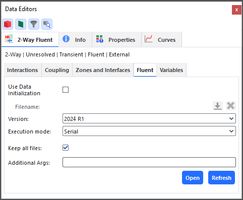 CFD Coupling, 2-Way Fluent, Fluent tab in the Data Editors panel