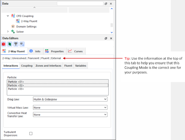 CFD Coupling, 2-Way Fluent, Interactions tab in the Data Editors panel