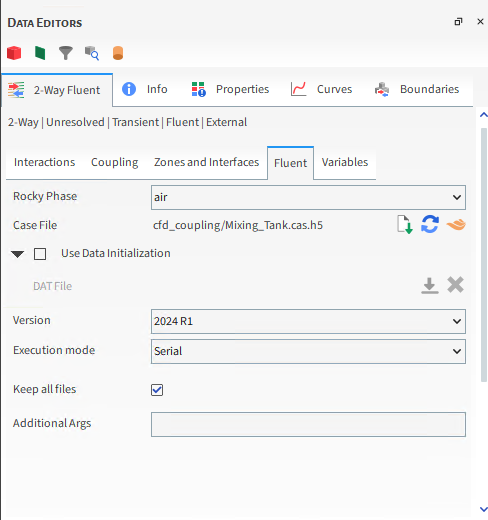 The Fluent tab allows the definition of the execution mode and the data used as the initial fluid field.