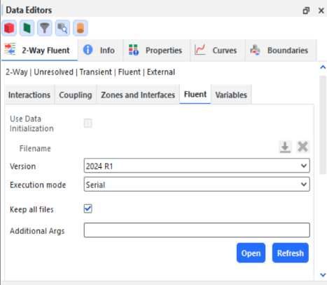 Fluent tab in Rocky Data Editors when coupling within workbench without initial fluid data file