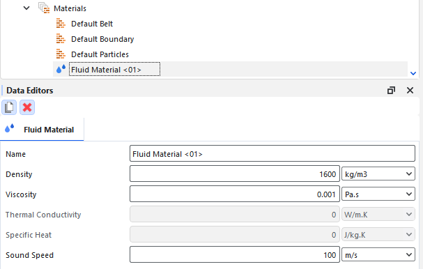 Fluid materials parameters in the Data Editors panel