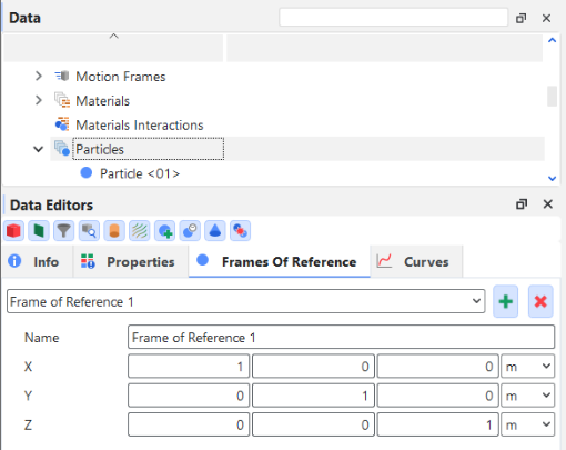 Particles, Frames of Reference options on the Data Editors panel
