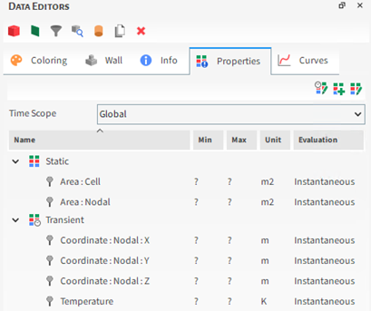 Standard Properties options on the Data Editors panel for Geometry components