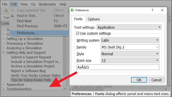 Preferences | Fonts panel affects the text size in the panels and menus.