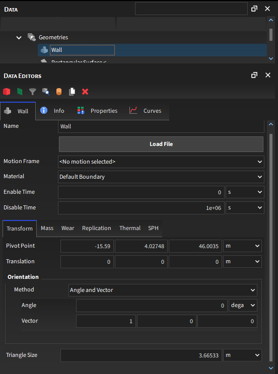 Imported wall, Geometry parameters in the Data Editors panel