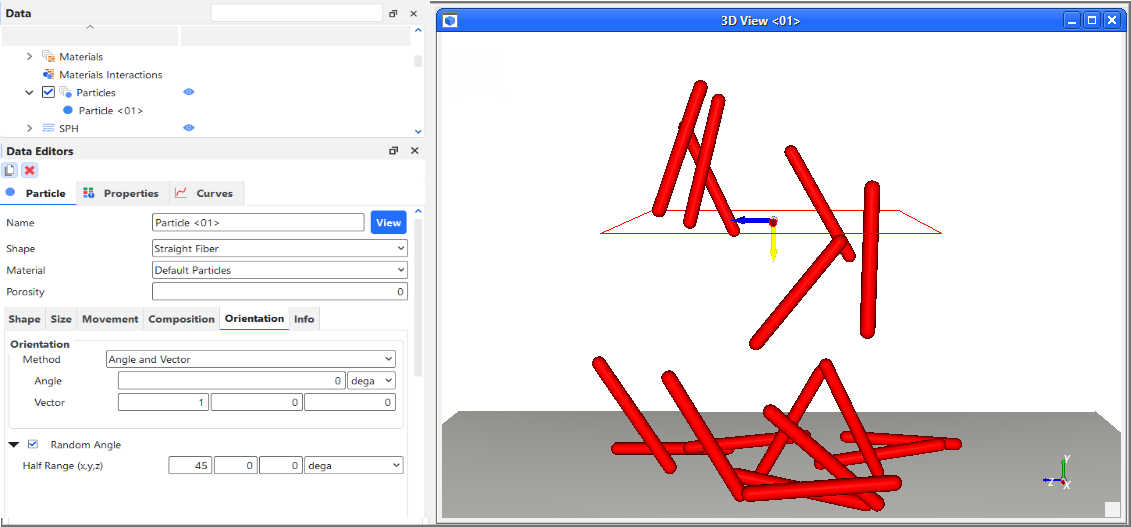 A Particle set that allows random orientations within 45 degrees of the X axis being released from an inlet