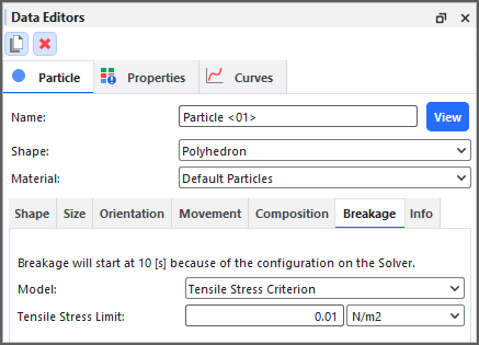 Particle, Breakage tab on the Data Editors panel showing the Tensile Stress Criterion model settings