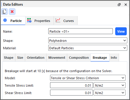 Particle, Breakage tab on the Data Editors panel showing the Tensile or Shear Stress Criterion model settings