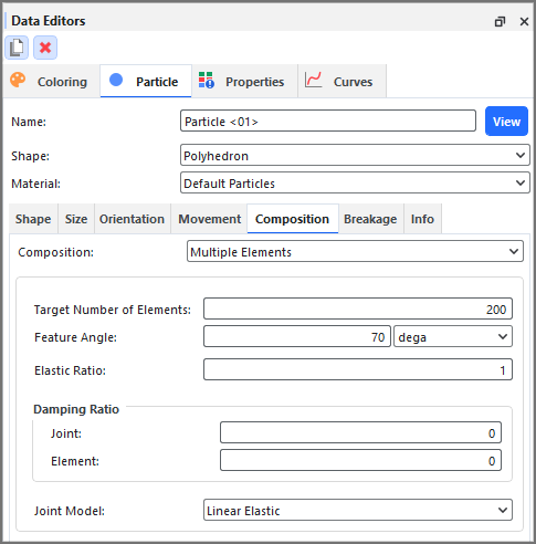 Particle, Composition tab on the Data Editors panel
