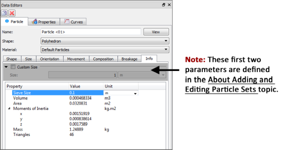Info tab showing results for an individual Particle set