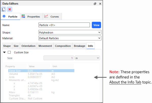 Particles, Info tab on the Data Editors panel