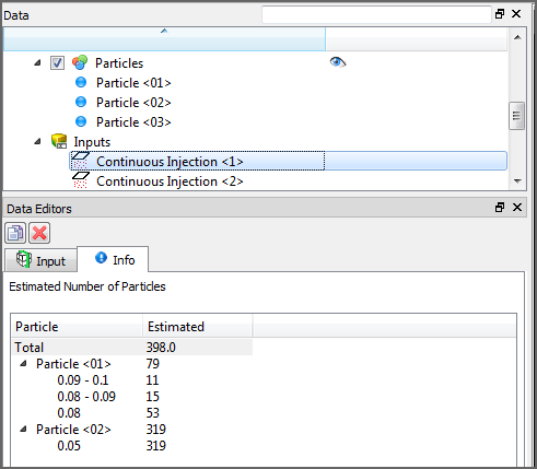 Info tab showing results for an individual Particle Input