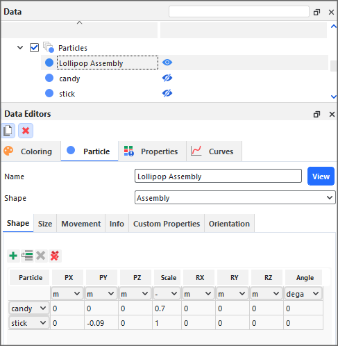 Particle, Shape tab on the Data Editors panel for an Assembly particle shape