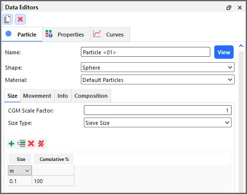 Particle, Size tab on the Data Editors panel when Coarse Grain Modeling is enabled